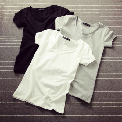 2015夏装新款韩版简约百搭V领套头纯色修身弹力显瘦女棉短袖T恤