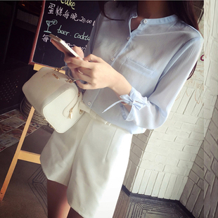 包邮新款韩版袖口蝴蝶结雪纺衬衫女式衬衣七分袖圆领上衣
