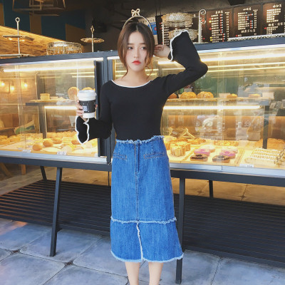 2016韩版新款时尚纯色修身喇叭袖针织衫毛衣
