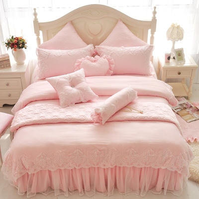 韩版高档粉色莫代尔四件套加厚全棉蕾丝花边夹棉床裙公主床上用品