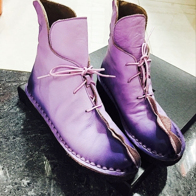 欧货民族风短靴子2016春秋新款马丁靴潮真皮女靴防滑软底孕妇鞋紫