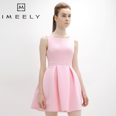 IMEELY 依魅莉 2015夏装新款 无袖纯色条纹空气层A字裙连衣裙