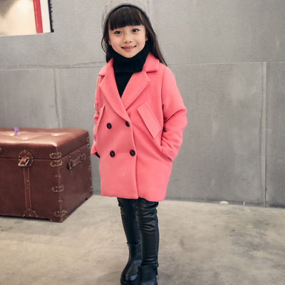 2015冬季新款韩版可爱粉色双排扣毛呢中长款风衣外套