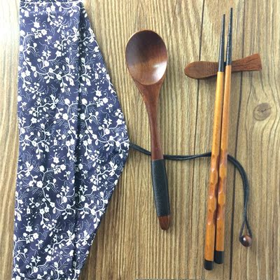 日式楠木筷子勺子两件套装 学生可爱便携式携带日本餐具