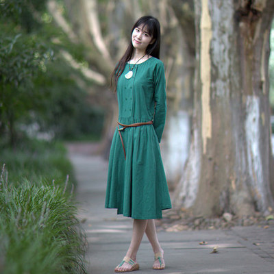 斯文|绿痕 春秋季女装优雅文艺气质显瘦棉麻中长款墨绿长袖连衣裙