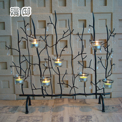 漫邸美式铁艺烛台摆件欧式复古水晶蜡烛台创意铁艺树古典摆设品