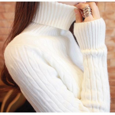 韩版女装长袖冬季高领加厚麻花毛衣秋冬款修身显瘦套头针织打底衫