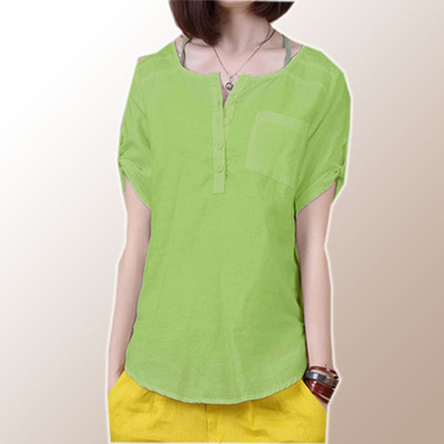 2015夏季新款亚麻T恤棉麻衫短袖上衣女装半袖纯色简单大码清新女