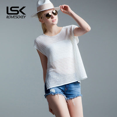LSK2015女夏季新品短袖针织衫 白色空调衫罩衫 宽松大码镂空女装