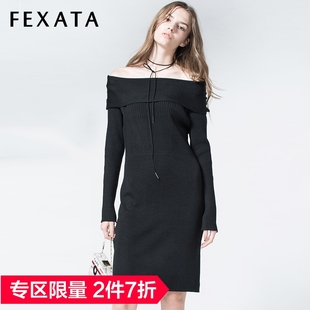 折】FEXATA新款一字领针织连衣裙韩版女装修身包臀裙弹力裙子