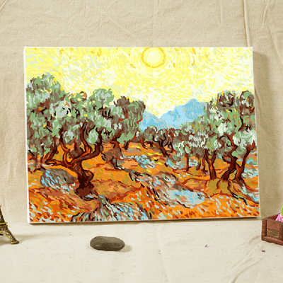 自油自画包邮特价梵高新品风景数字油画黄色天空和太阳下的橄榄树
