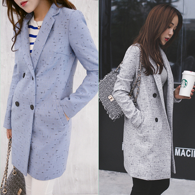 2015秋冬季女装长袖毛呢料外套中长款 韩版修身休闲直筒版 双排扣