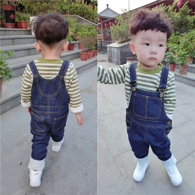 2015冬款新品童裤 韩版儿童男女童加绒修身牛仔背带裤