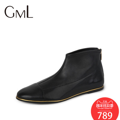 GML女鞋舒适靴子黑色弹力绵羊皮舒适平跟短靴15028