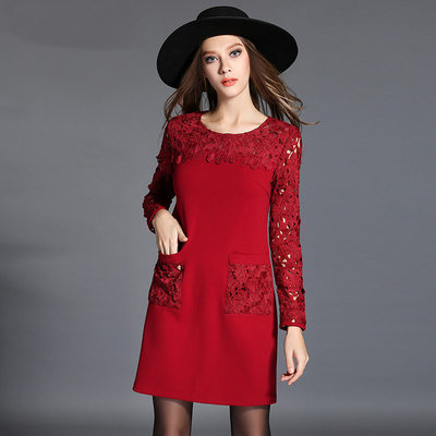 欧洲站大码女装2015秋季新品欧美时尚红色修身蕾丝长袖中长连衣裙