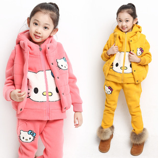 2015新款韩版卫衣加绒儿童套装女童冬装中大童儿童KT猫三件套包邮