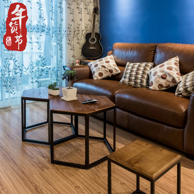 定制 loft美式铁艺实木茶几客厅沙发置物架六角边几
