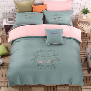 欧美风全棉 刺绣四件套秋2.0米双人床单被套纯棉纯色1.8m床上用品