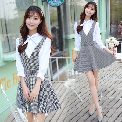 2015秋季韩版气质连衣裙女装 减龄蝴蝶结领衬衫+千鸟格背带裙套装