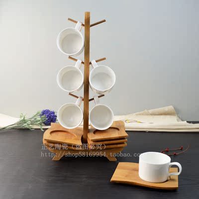欧式陶瓷创意咖啡杯套装6杯装配杯架竹木架家庭水杯子套装包邮