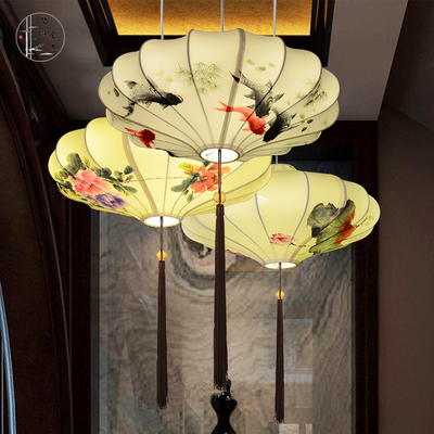 新中式仿古灯具 现代餐厅客厅茶楼创意吊灯 古典艺术手绘布艺灯笼