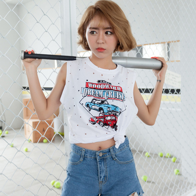 夏季新款女韩版学生运动休闲汽车印花宽松破洞镂空无袖T恤背心女
