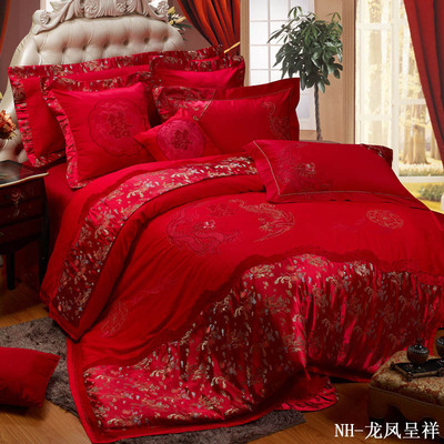 龙凤呈祥 婚庆床上用品八件套大红色 家纺结婚绣花床盖多件套新款