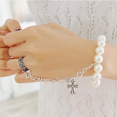 韩国进口饰品正品代购 女宫廷复古雕花十字架珍珠手链戒指一体链