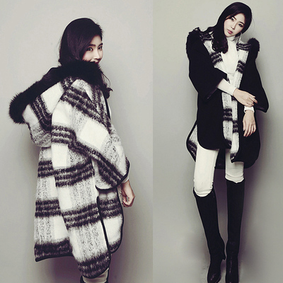 2015韩国黑白格子中长款毛呢外套女冬天加厚羊绒两面穿连帽大衣潮