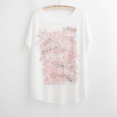 2015夏装 韩版宽松圆领蔷薇花少女蝙蝠袖短袖女T恤打底衫 包邮