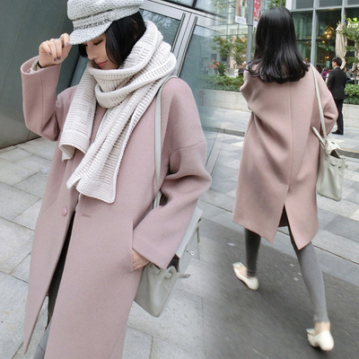 2016韩版秋冬季新款纯色毛呢外套翻领修身女装中长款呢子大衣