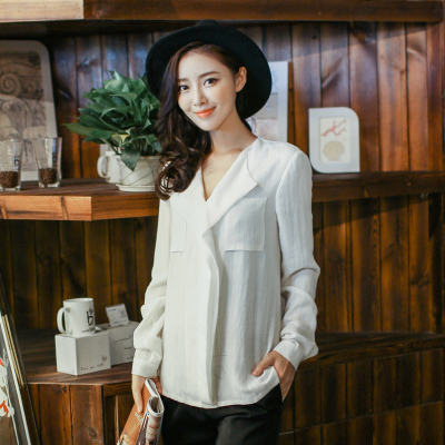 2015秋装新款韩版宽松大码拼接口袋亚麻棉麻衬衫女长袖衬衣上衣