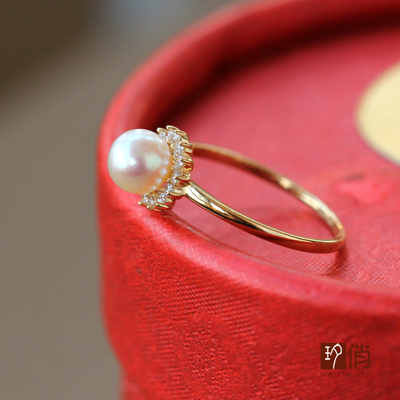 【夕俏】韩国14K纯金 天然珍珠 锆石戒指 闪亮镶钻戒指 包邮返现