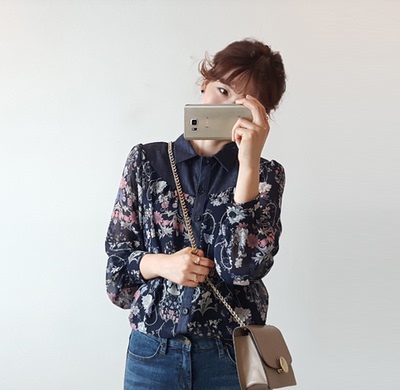 2016年秋季女装韩国代购正品LEE翻领花朵图案显瘦气质款衬衫