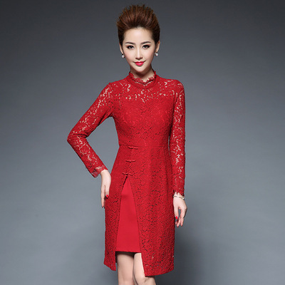 2016秋装新款中国风旗袍扣饰立领修身开叉假两件蕾丝长袖连衣裙