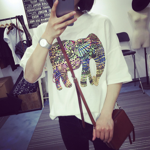 韩版复古大象印花宽松显瘦纯棉圆领短袖T恤