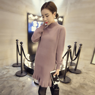 2015冬季新款纯色中长款高领针织毛衣女韩国修身套头木耳边毛衣女