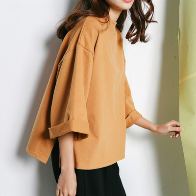 秋季女装纯棉七分袖女t恤半高领中袖蝙蝠衫学生韩版宽松开叉上衣