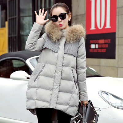 2015冬装新款女装外套韩版中长款修身棉服连帽带毛领加厚袄子拼接