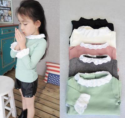 女童春秋款打底衫2-3-4-5-7岁小女孩韩版蕾丝纯棉花边上衣长袖T恤