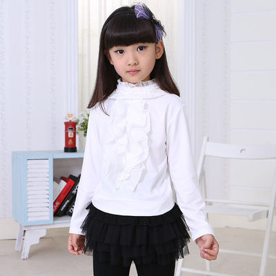 童装女童T恤2015秋季新款韩版圆领儿童长袖蕾丝花边上衣打底衫