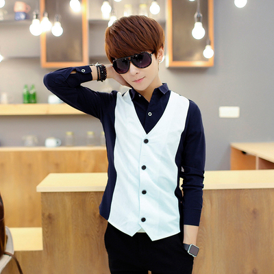 包邮男士长袖衬衫假两件套日系韩版修身衬衣个性流行青少年发型师