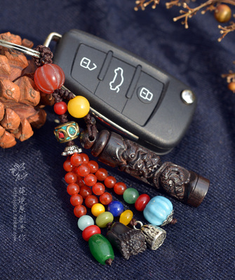 龙柱玛瑙汽车钥匙链莼境原创手工可定做黑檀精雕龙柱汽车钥匙扣