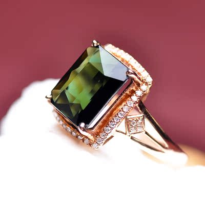 巴西天然绿碧玺戒指女款 18K玫瑰金钻石镶嵌戒指送礼正品带证书
