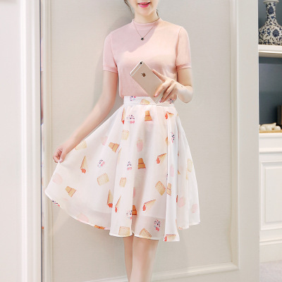 2016夏季新款印花粉色拼接圆领短袖名媛气质两件套装女连衣裙包邮