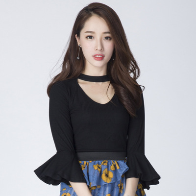 女都新款2016韩版喇叭袖V领针织上衣 性感长袖打底衫女装