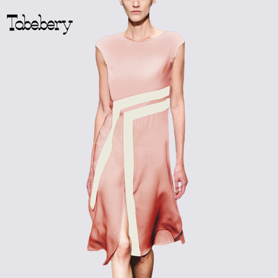 tobebery欧美女装2017夏季新款时尚无袖显瘦开叉粉色连衣裙中裙