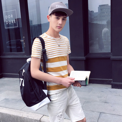 特价夏装韩版青少年修身圆领半袖撞色条纹海魂衫男 学生短袖T恤潮