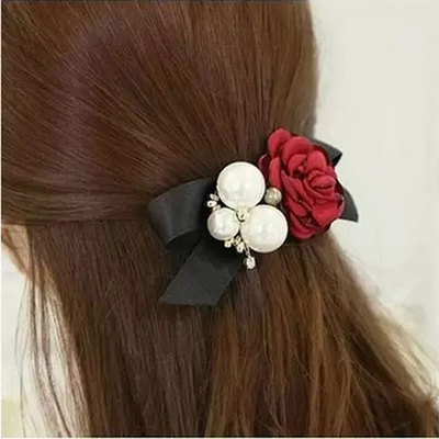 韩国进口玫瑰花朵珍珠发圈韩版气质蝴蝶结顶夹发夹弹簧夹头饰包邮