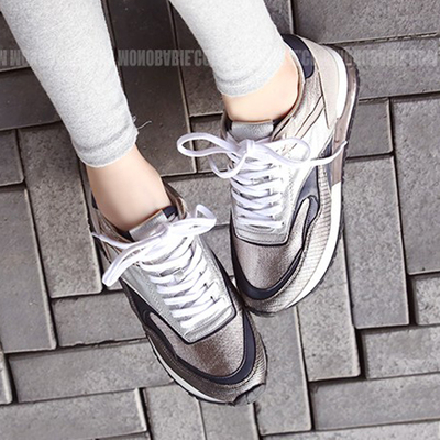 韩国明星女鞋2015春新街头色拼圆头系带低帮运动鞋跑步休闲鞋单鞋